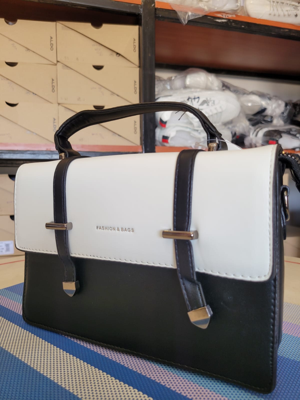 Two-toned Synthetic Leather Top-handle Handbag